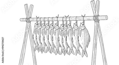 Hand drawn fish on drying rack: rustic traditional preserving technique