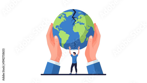 Global environmental crisis concept: large hands protect a cracked Earth, with a small person supporting the vulnerable planet.