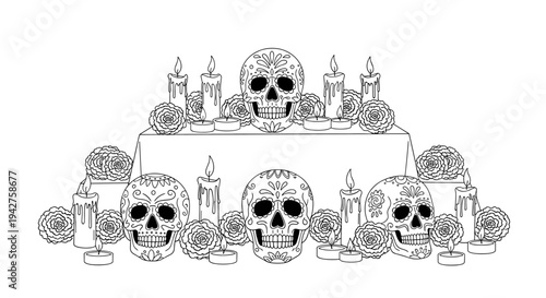 Dia de los muertos altar with sugar skulls and marigolds in line art style