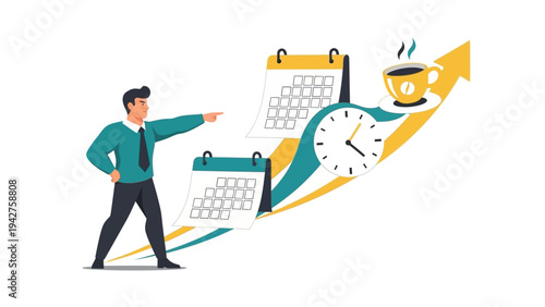 Professional Man Directing Towards Future Goals with Calendars, Clock, and Coffee Symbolizing Efficient Time Management and Business Growth