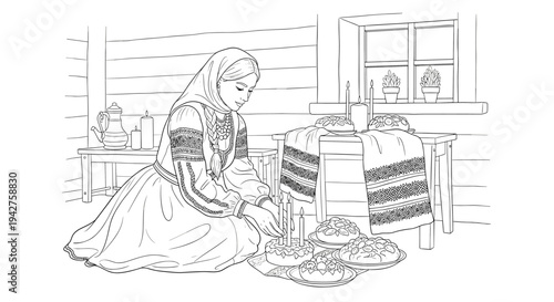 Traditional slavic woman with pastries and candles in rustic interior