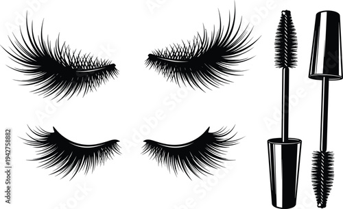 False eyelashes and mascara brush beauty makeup cosmetic set isolated black silhouette vector illustration for salon fashion makeup artist design