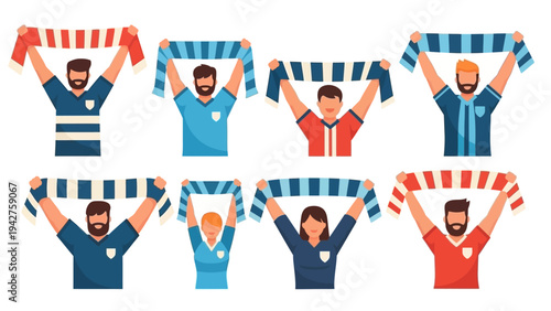 Diverse Group of Enthusiastic Sports Fans Cheering with Scarves at a Lively Event, Flat Vector Illustration of Supporters in Action