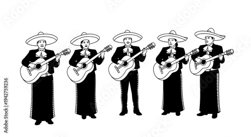 Traditional mariachi band in monochrome playing guitars