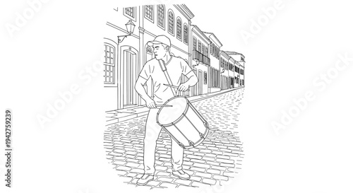 Street drummer in historic town line art