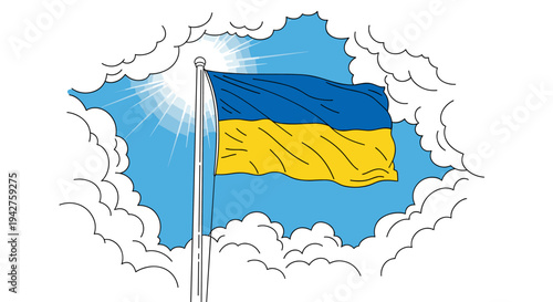 Ukrainian flag waving with sunburst and cloudy sky