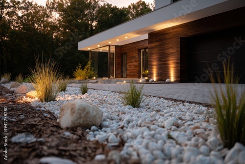 A gentle glow illuminates a contemporary house nestled in a tranquil neighborhood, surrounded by beautifully arranged stones and flourishing plants at dusk