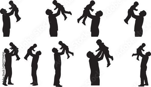 Silhouettes of parents lifting and playing with happy children