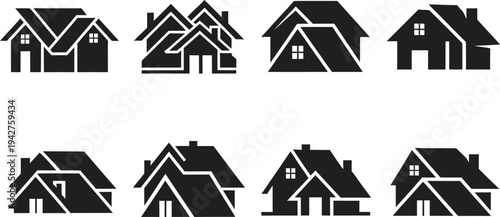 Group of stylized black houses icon set