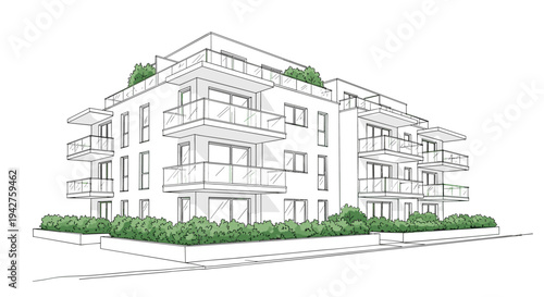 Modern linear apartment building with balconies and greenery