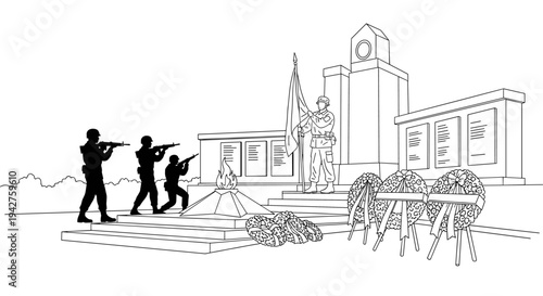 Military memorial silhouette with soldiers and wreaths commemoration