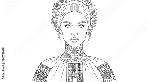 Detailed line art of woman with floral crown and intricate geometric dress pattern