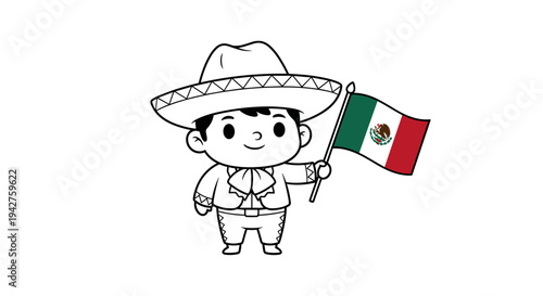 Cute cartoon boy in traditional costume holding mexican flag