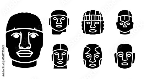 Set of silhouette tribal masks with geometric designs in black and white