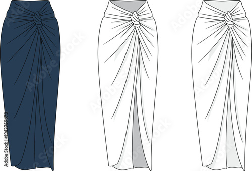 Dark blue draped skirt with white line variations showing different views and styles line fashion