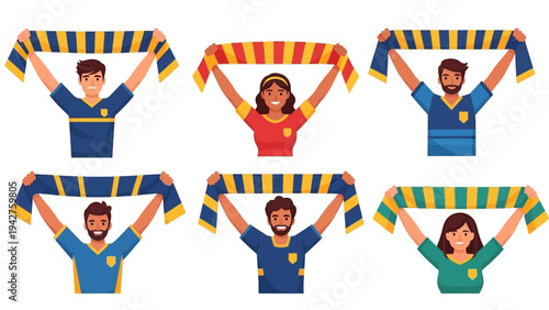 Enthusiastic Diverse Supporters Cheering with Team Scarves at a Sporting Event, Flat Vector Illustration of Happy Fans Celebrating