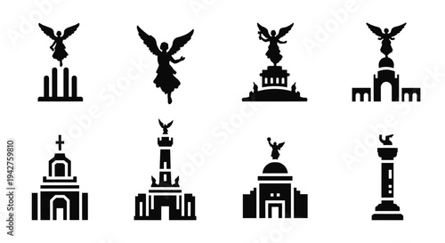 Silhouette icons of historic landmarks with angel statues