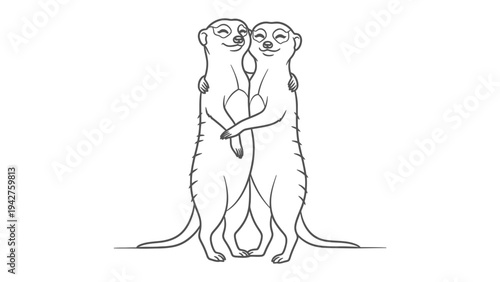 Two Meerkats Embracing: A charming illustration of two meerkats standing upright and embracing each other, showcasing their bond and friendship in a simple, heartwarming style.