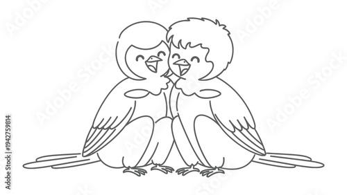 Joyful Bird Duo: A delightful outline illustration of two cheerful birds perched together, spreading joy through their simple yet heartwarming design.