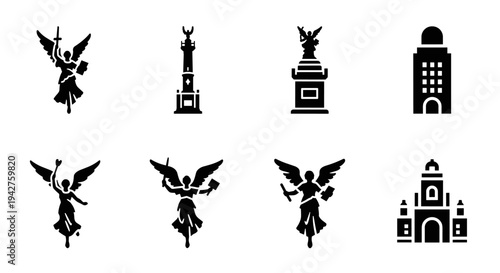 Iconic angel silhouettes and monuments: minimalist black icons set