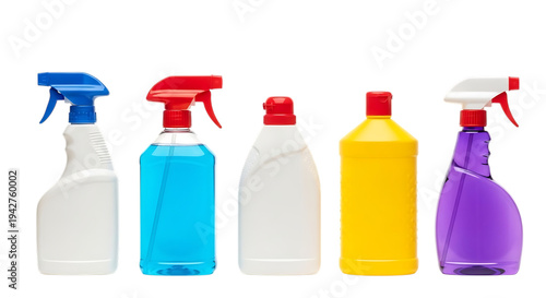 Colorful spray bottles cleaning supplies set