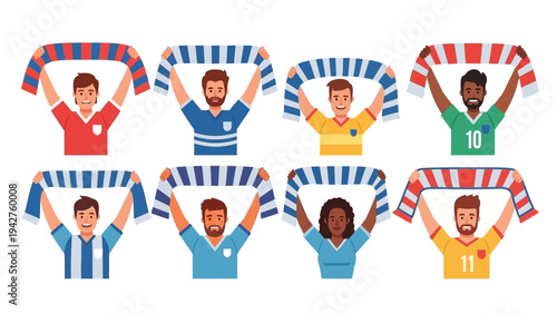 Diverse group of enthusiastic sports fans cheering and holding colorful striped scarves overhead, celebrating team spirit in a vibrant illustration.