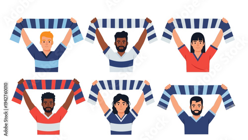 Diverse group of enthusiastic sports fans holding up striped scarves, cheering for their team with joy and unity in a vibrant illustration.