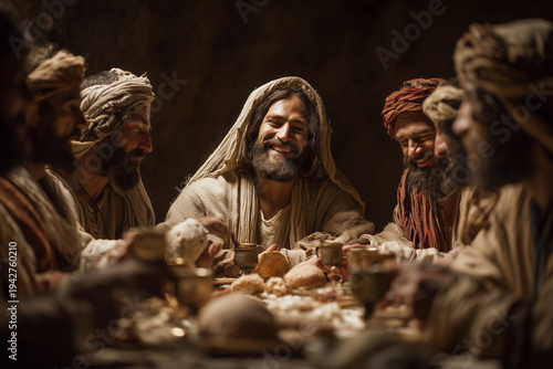 The Last Supper Jesus Christ Smiling Among Apostles Sharing Bread and Wine During Holy Thursday Christian Tradition