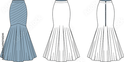Three different styles of pleated skirts with vertical lines and shading fashion