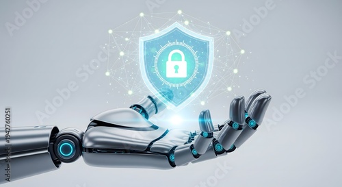 A robotic hand holding a glowing digital security shield icon representing data protection.