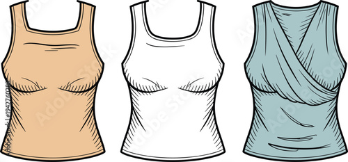Three different styles of tank tops in brown, white, and blue colors tank brown fashion clothing