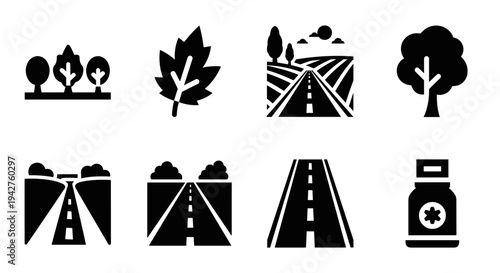 Set of simple black silhouette road and nature icons for design