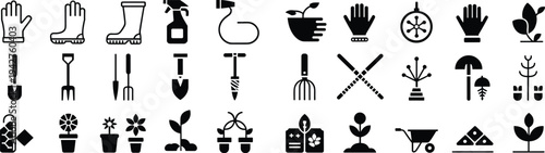 Black Vector Gardening Icons Set Featuring Hand Tools Rubber Boots Potted Plants Wheelbarrow Gloves Sprayers And Cultivation Equipment Isolated On A White Background