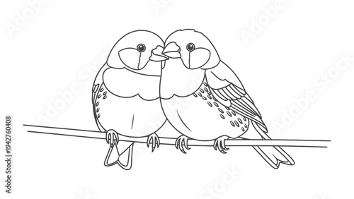 Two Birds on a Branch: A simple, charming line drawing of two small birds perched closely together on a thin branch, their beaks nearly touching in a moment of quiet affection.