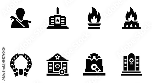 Silhouette icons of memorials and monuments