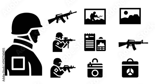 Military icons set: soldiers, weapons, and tactical gear in bold silhouette style