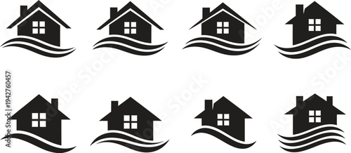 House icons with wave elements