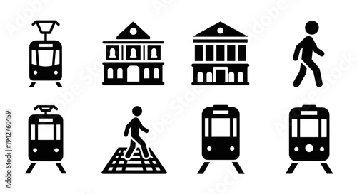 Urban transport and architecture icons in minimalist silhouette style