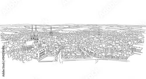 Detailed linear drawing of historic european city skyline with architecture and landmarks