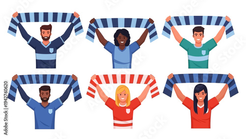 Joyful diverse sports fans cheering enthusiastically, holding striped team scarves high in a vibrant illustration, isolated on white.