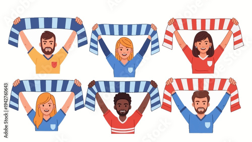 Energetic diverse group of enthusiastic supporters holding striped scarves cheering at a public event, joyful vector illustration.