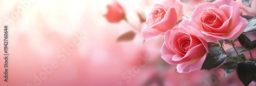 Delicate and Elegant Pink Roses Blooming on a Soft Pink Blurred Background for Romantic Decor