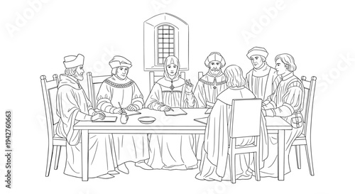 Medieval gathering at table: historic line art of renaissance figures in discussion