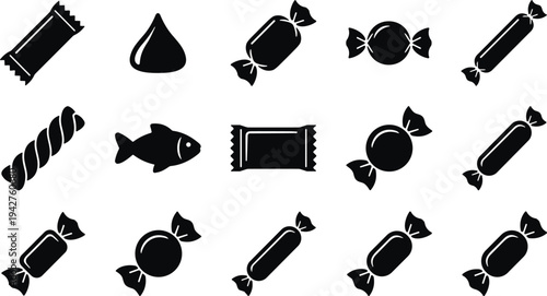 Collection of black flat candy vector icons featuring chocolate bars, wrapped sweets, gummy fish, lollipops, and sugar treats isolated on a white background for design.