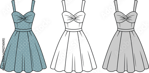 Three dresses with different patterns and colors in a row blue white