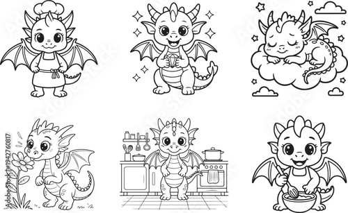 A set of adorable cartoon dragons in various playful and whimsical scenes and poses.