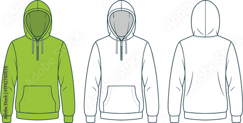 Three hoodies in green and white with front and back views sweatshirt front view