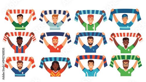 Diverse sports fans in colorful team jerseys holding scarves aloft, cheering passionately at a stadium event. Vector illustration of a vibrant crowd.