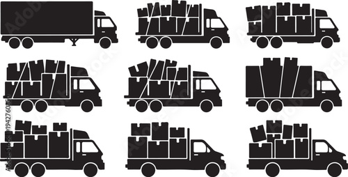 Black truck silhouettes with various cargo loads illustration set