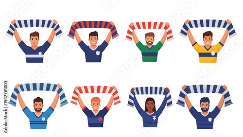 Diverse group of enthusiastic sports fans cheering with team scarves, celebrating a sporting event with passion and excitement, isolated illustration.